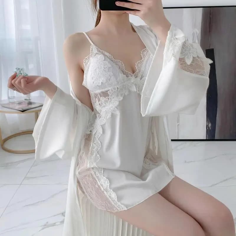 Sexy Hollow Out Lace Mini Nighty&Robe Set Sleepwear Deep V-neck Nightdress Bath Gown Satin Homewear Suit Wedding Party Gift