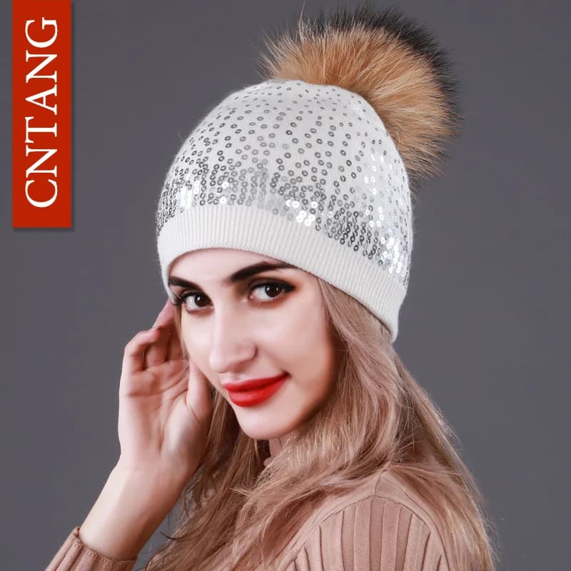Cappelli con paillettes strass stili multipli per donna berretti invernali berretto con pompon in pelliccia di procione naturale cappello da donna in lana calda lavorata a maglia