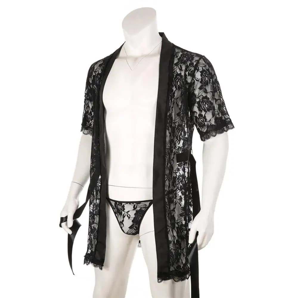 Accappatoio in pizzo da uomo Abito lungo sexy da notte Indumenti da notte Kimono Camicia da notte Abito da bagno allentato Costume erotico con T-back
