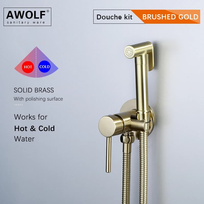 Awolf Spruzzatore per Bidet in Oro Spazzolato Miscelatore per Bidet Caldo Freddo in Ottone Massiccio Raccordo per Doccia Igienico per Sistema di Doccia Anale per WC AP2239