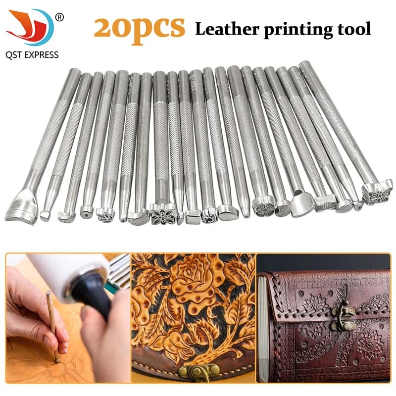 Kit di strumenti per la stampa di timbri in pelle da 20 pezzi Set di punzoni per timbri in lega Strumenti per la creazione di selle da intaglio per opere d'arte fai-da-te artigianali in pelle