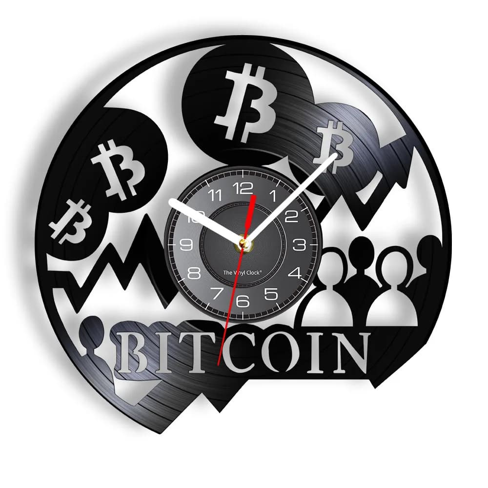 Orologio da Parete in Vinile Ispirato alla Criptovaluta Bitcoin, Decorazione per Ufficio, Arte Murale, Orologio con Album Musicale Inciso, Regalo Finanziario