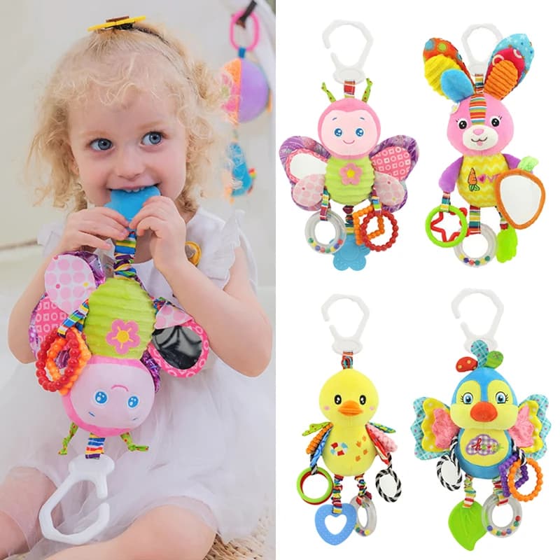 Morbidi campanelli per animali sonagli farfalla coniglio anatra peluche neonato sviluppo del bambino giocattoli maniglia vendita calda con massaggiagengive giocattolo per bambini