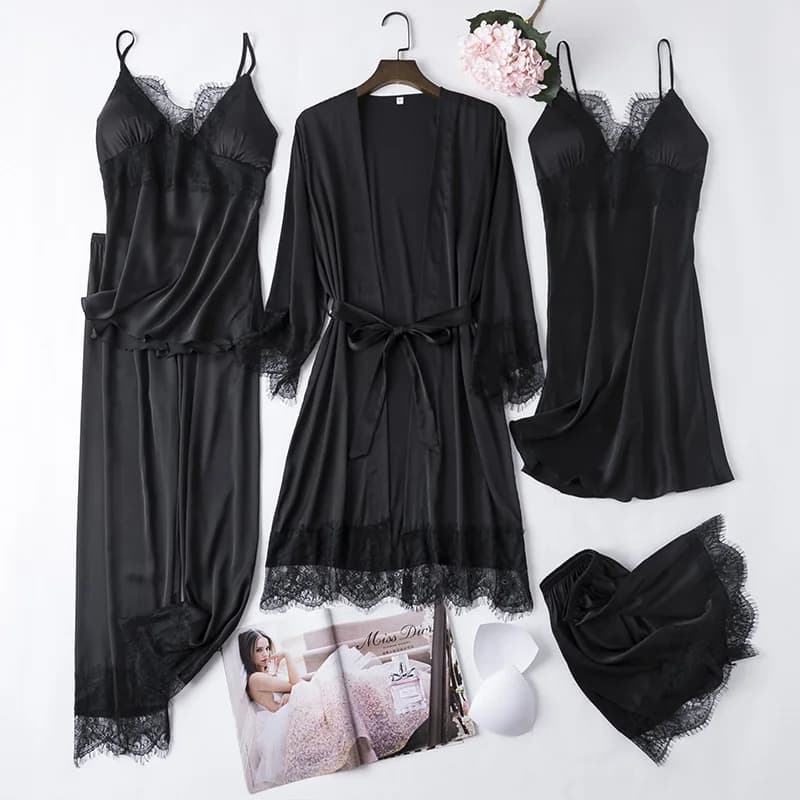 Black Lace Satin Evening Dress 5 Pieces Night Set for Women Sexy Night Dress Spring Night Dress Nightwear Home Kimono Lace