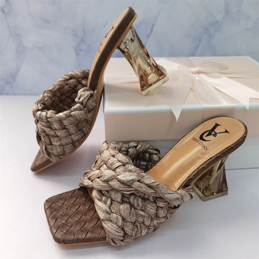 2023 summer slim heels high women shoes fashion Sexy metal Decoratio Cross-Tied Retro Patchwork head Peep Toe slippers