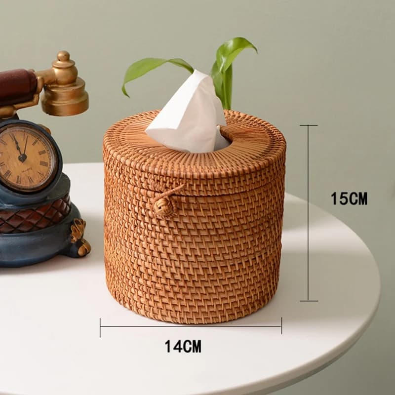 Dispenser per coperchio di carta igienica con supporto per rotolo di vite in scatola di tessuto rotonda in Rattan per Barthroom Home Hotel e ufficio