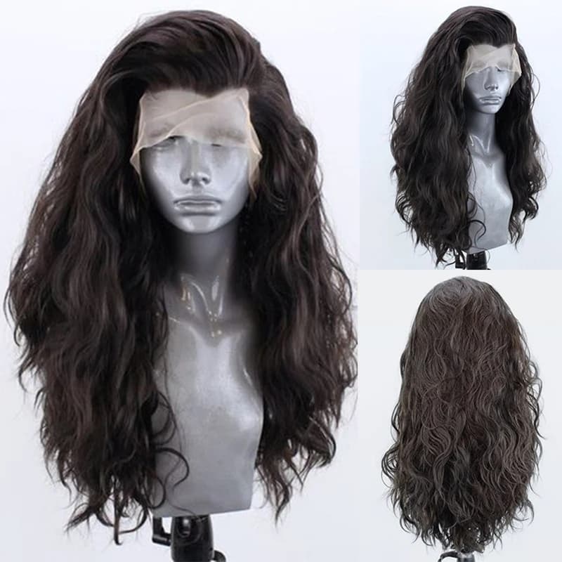 AIMEYA parrucche anteriori in pizzo sintetico riccio lungo marrone scuro per le donne parrucche cosplay con linea sottile naturale pre pizzicate parte libera