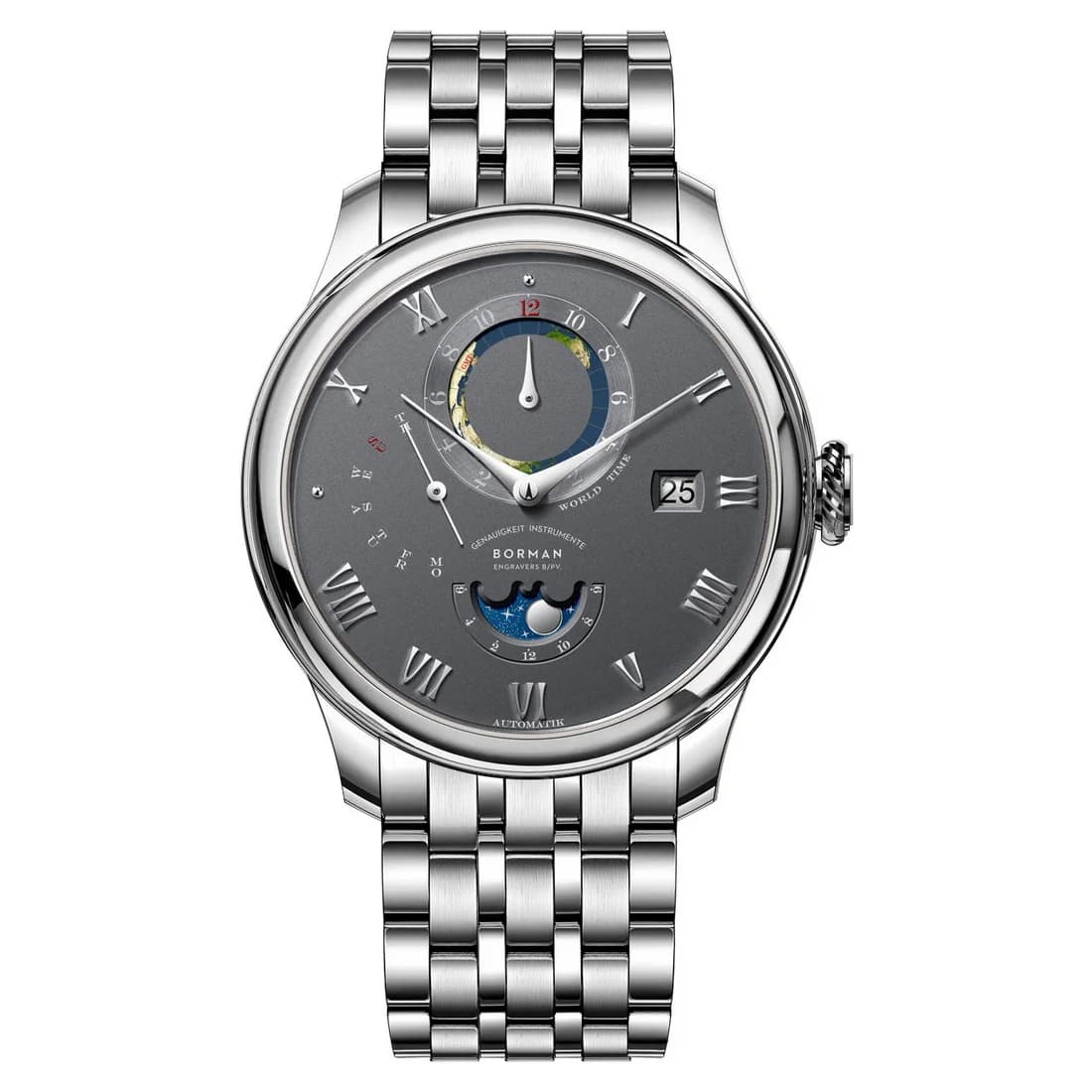 Orologio Automatico da Uomo BORMAN 40mm, Meccanico, Impermeabile, Vetro Zaffiro, Quadranti Multipli, Mese, Settimana, Data, 24 Ore, Fasi Lunari