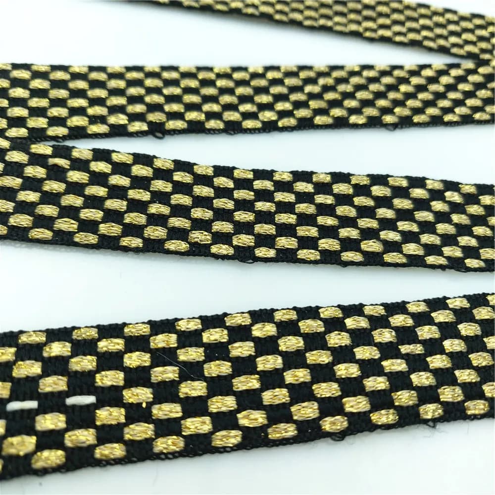 Nastro sottile dorato e nero da 2,5 cm con punti dorati, tessuto per fai da te, abbigliamento, decorazioni per bagagli e accessori.