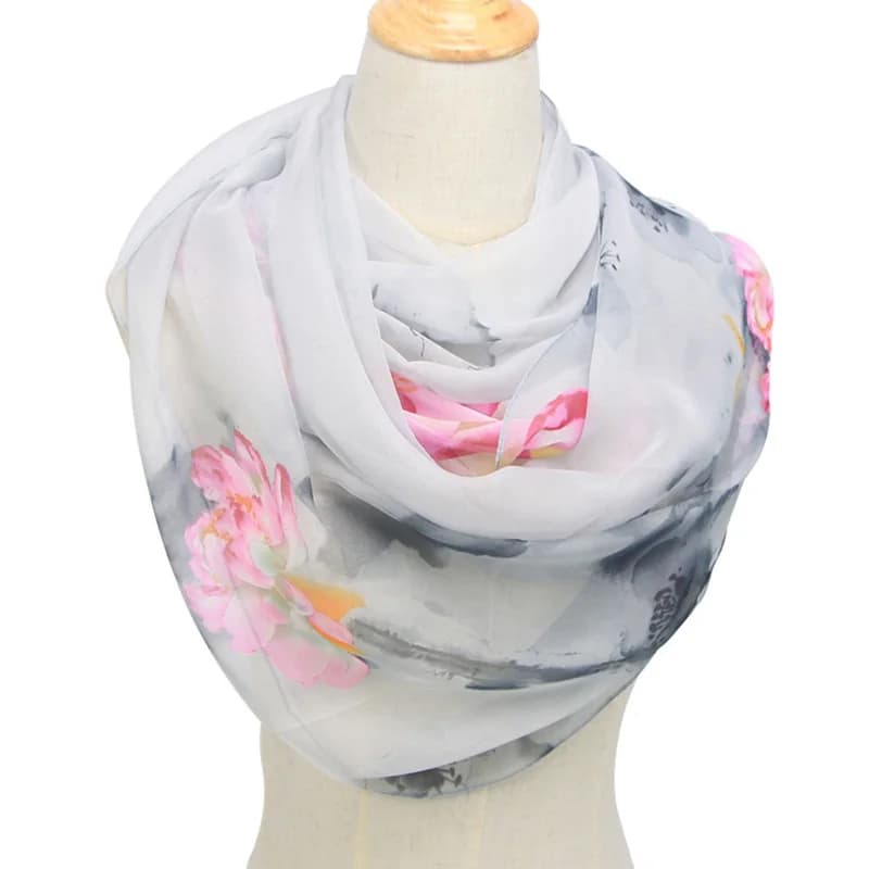 Sciarpe di seta con stampa floreale in Chiffon lungo Ultra sottile da donna sciarpe di seta con motivo a loto in poliestere primavera N49