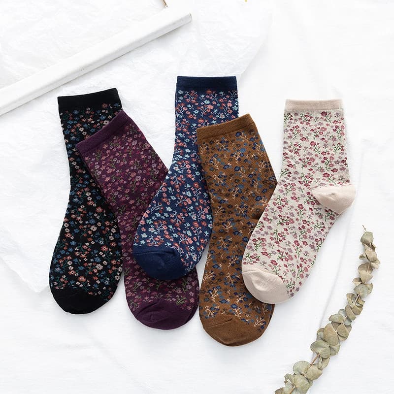 5 Pairs Print Flowers Women Socks Fashion Female Comfortable Korean Style Women Socks Beautiful Patterns Chaussettes