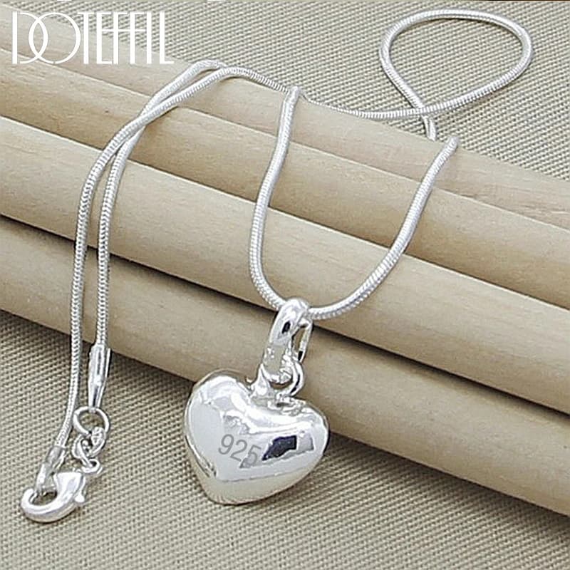 DOTEFFIL Silver Color Solid Small Heart Pendant Necklace 16-30 Inch Snake Chain For Women Wedding Charm Fashion Jewelry
