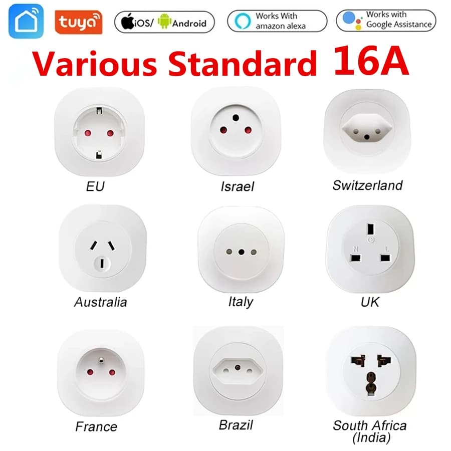 16A Tuya WIFI Spina Smart Life Taken UK EU AU Brazil FR Israel IT Spina APP Remote Control Work For Alexa Google Assistant