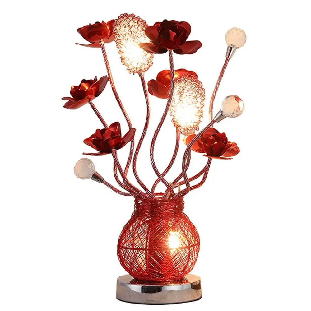 Lampade da tavolo per camera da letto con fiori fatti a mano Luci da tavolo per matrimoni in metallo rosso rosa Lampade da tavolo con paralume in alluminio per sala studio