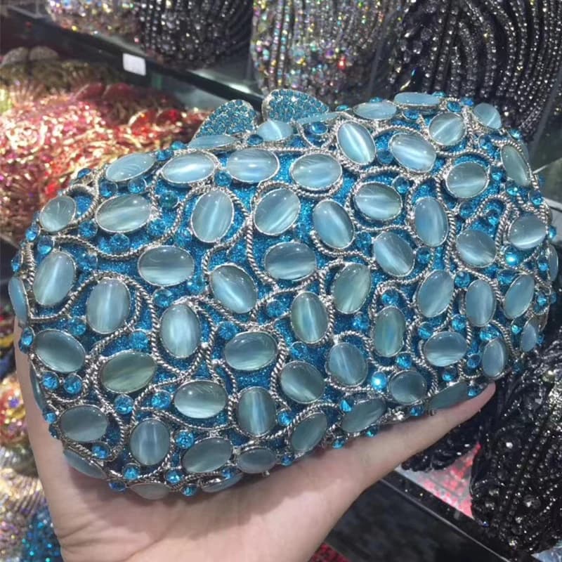 Borse da sera grandi in pietra blu Borse da damigella d'onore in metallo argento con diamanti Borse in cristallo Portafogli per soldi con strass da donna di lusso