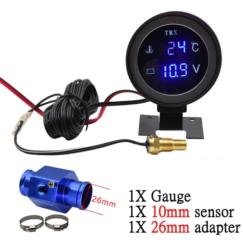 Indicatore di temperatura dell'acqua digitale LCD rotondo universale 2 IN 1 per auto con sensore di temperatura dell'acqua sensore di tubo adattatore 10MM voltmetro 12V/24V