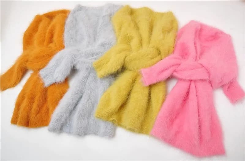 Vero cashmere lavorato a maglia autunno inverno peloso angora capelli di coniglio girocollo camicette sottili pullover che tocca il fondo maglione maglione top