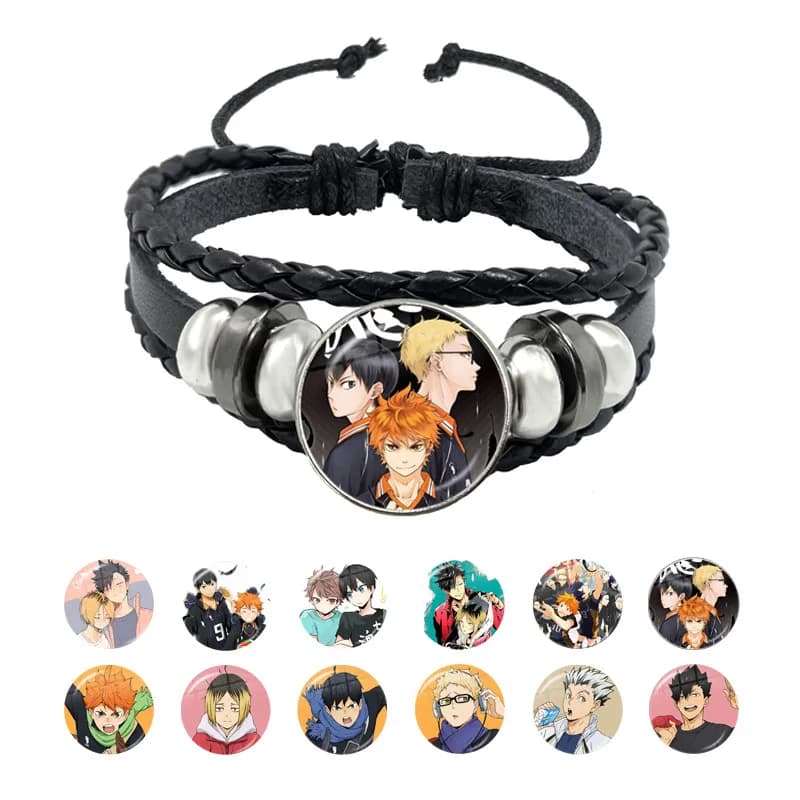 Braccialetti in pelle per ragazzo da pallavolo della scuola superiore Anime Haikyuu!! Bracciale con gemma rotonda in vetro con stampa di cartoni animati per regali di gioielli per amici