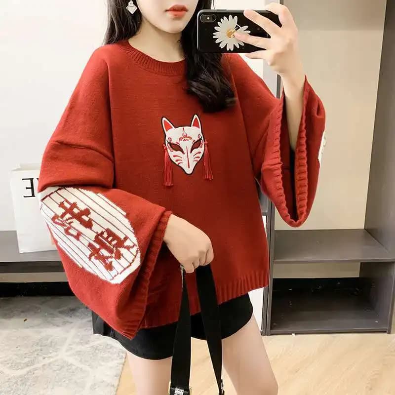Maglione Lavorato a Maglia con Motivo Gatto e Riso, Collo Tondo, Maniche Lunghe, Caldo, Autunno Primavera 2026 Nuovo Top da Donna