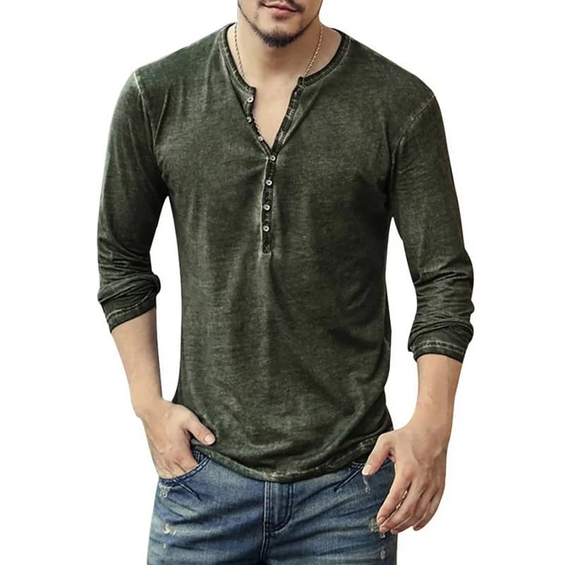 Maglietta da uomo con scollo a V Manica lunga Tee & Tops Bottoni alla moda T-shirt 2025 Autunno Casual Camicia Henley Solido Abbigliamento maschile 5XL