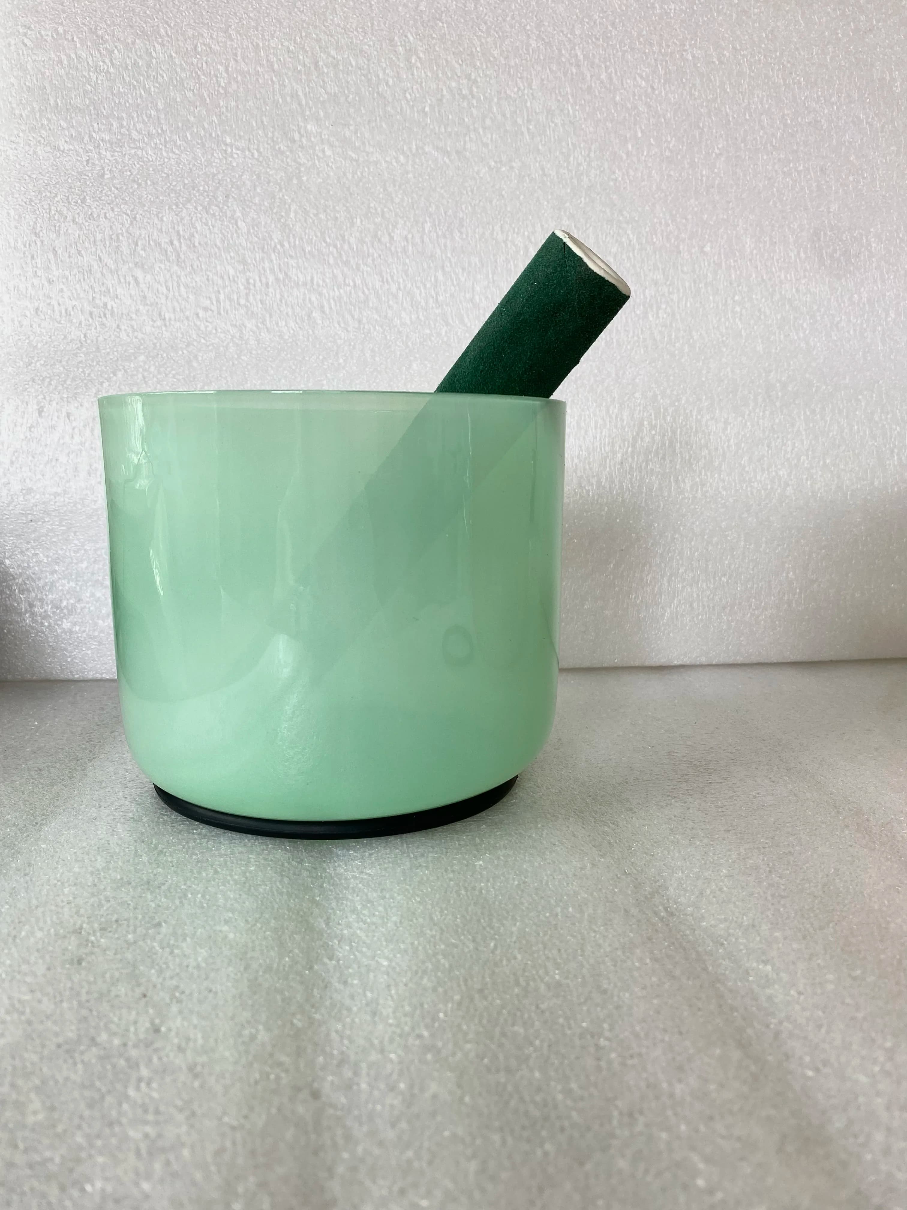 7.5" Pastel green crystal singing bowl straight wall flat bottom style 432Hz 3rd octave F heart charka or F# note Thymus charka