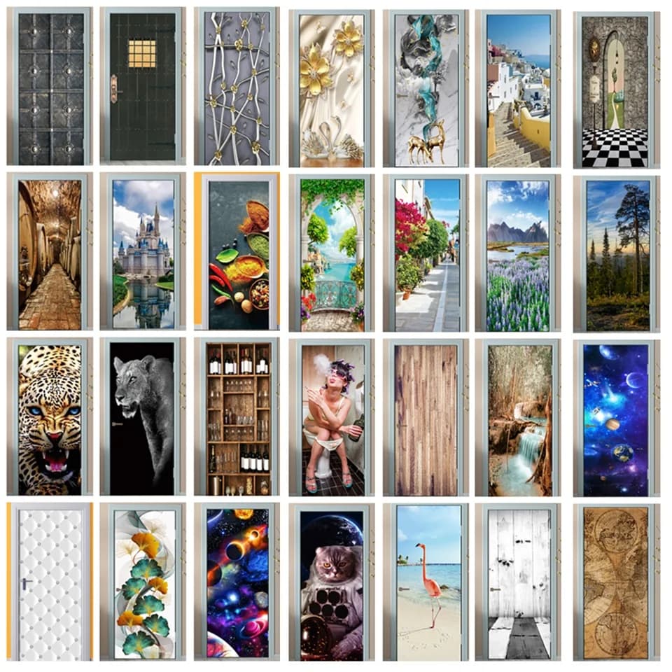 Adesivo per porte autoadesivo 3D porta in legno ricondizionare Poster paesaggio armadietto del vino cielo stellato adesivo murale personalizzato per la casa