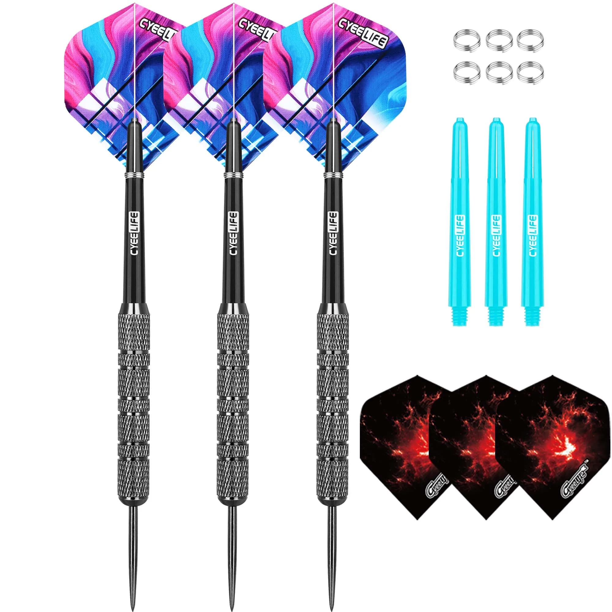 CyeeLife Freccette in acciaio 20/24/28g/30g, O-ring a molla in metallo + 6 aste in PVC + voli extra, set di freccette con punta dura per la casa da 3 pezzi per principianti