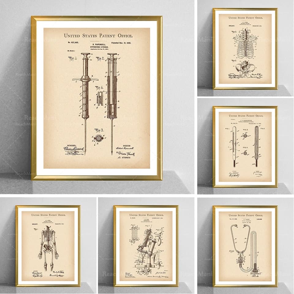 Poster medico attrezzatura medica brevetto clinica decorazione stetoscopio stampa microscopio blueprint retro termometro siringa drawin