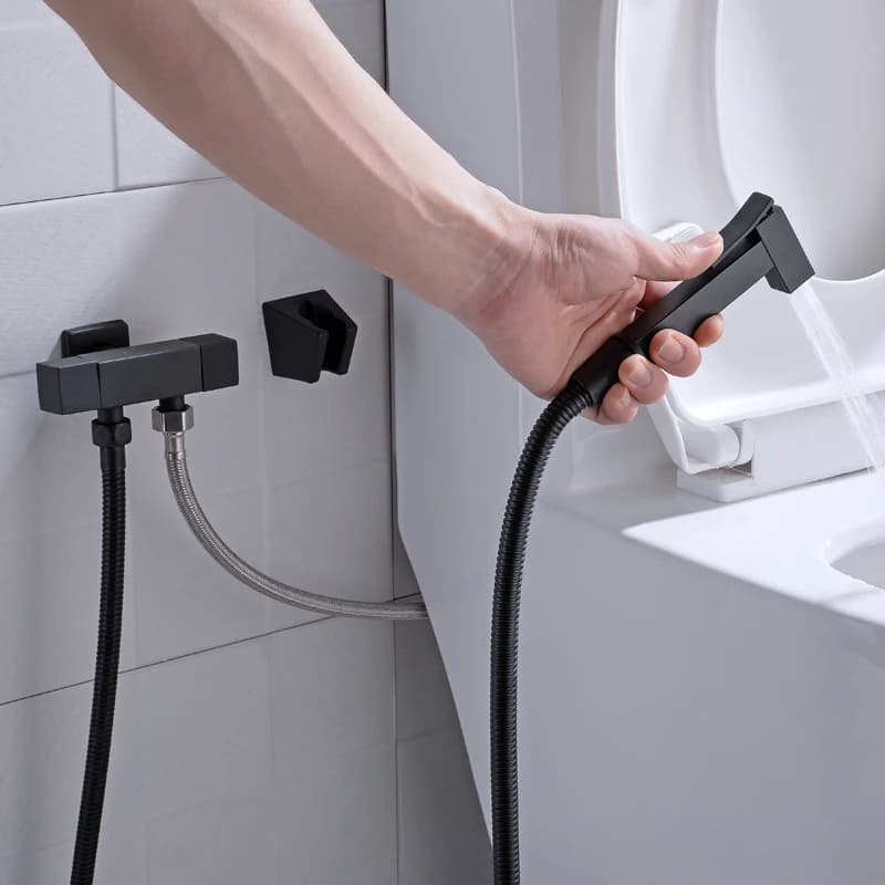 Two Function Black Square Faucet Portable Shattaf Bidet Faucet with Black Bracket and Spring PVC Flexible Pipe Toiliet Garden
