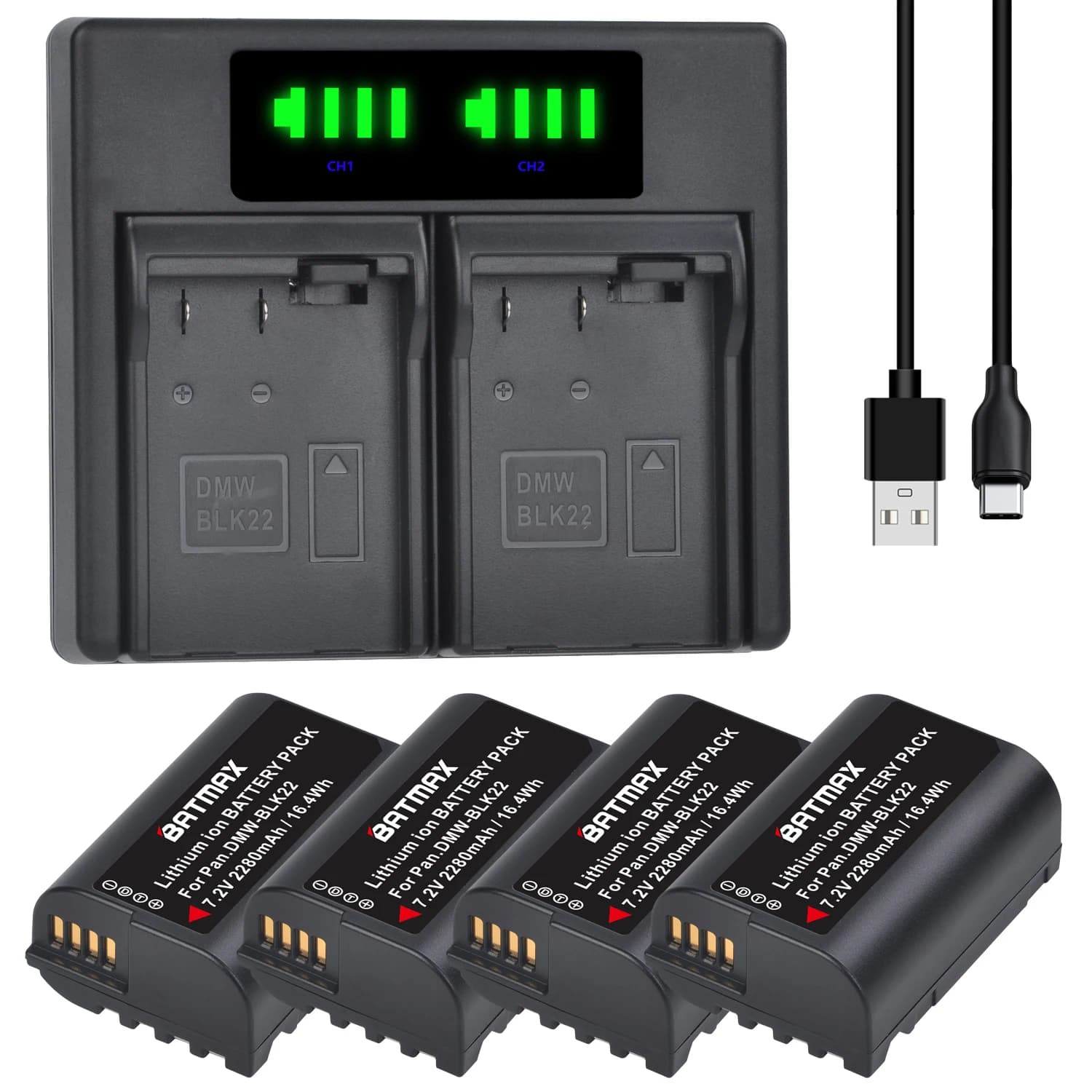 4X 2280mAh DMW-BLK22 DMW BLK22 + Dual LED Camera Charger Panasonic LUMIX DC-S5 DC-S5K