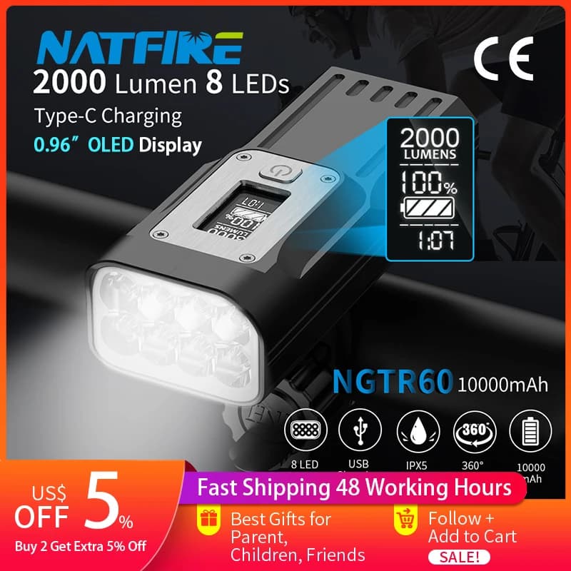 NATFIRE NGTR60 Potente luce per bici con display OLED in tempo reale dei dati, faro per bicicletta ricaricabile di tipo C da 10000 mAh, 2000 lumen con 8 perline luminose, torcia luminosa, 3+2 modalità di illuminazione