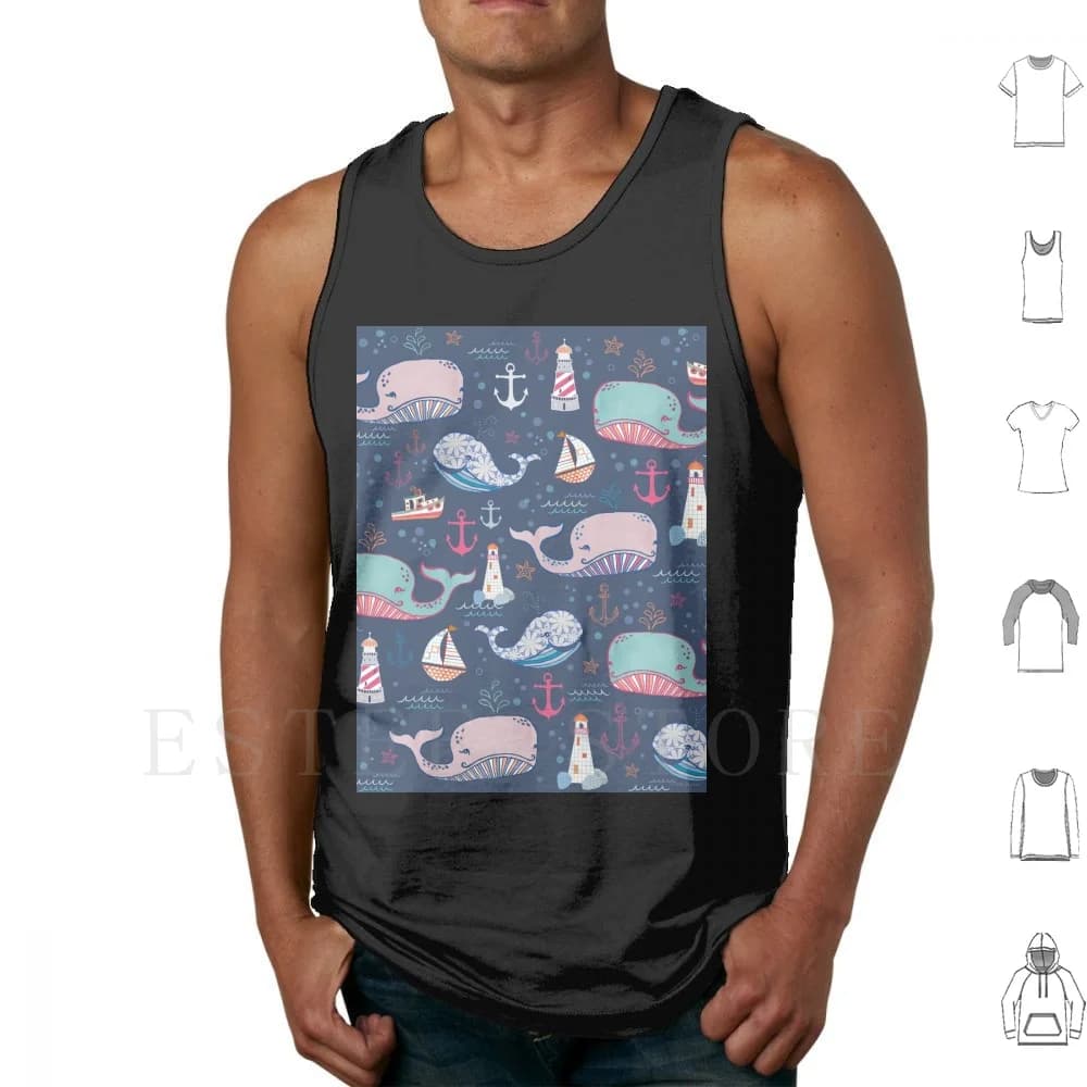 Whale Toss Tank Tops Vest Sleeveless Whale Lighthouse Ocean Boats Blue Navy Anchors Kids Art Surface Design