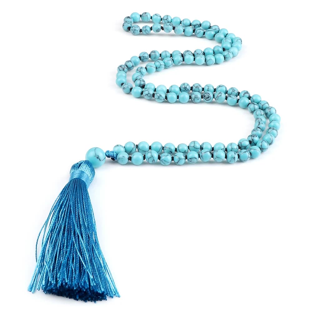 Collana Japamala con 108 Perle Annodate, Pendente in Pietra Blu Pino per Uomo e Donna, Gioielli per Meditazione e Yoga