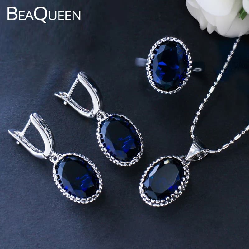 BeaQueen Luxury Big Oval Dark Blue Shining Cubic Zirconia Necklace Earrings Ring 3pcs Jewelry Sets Xmas New Year Gifts JS094