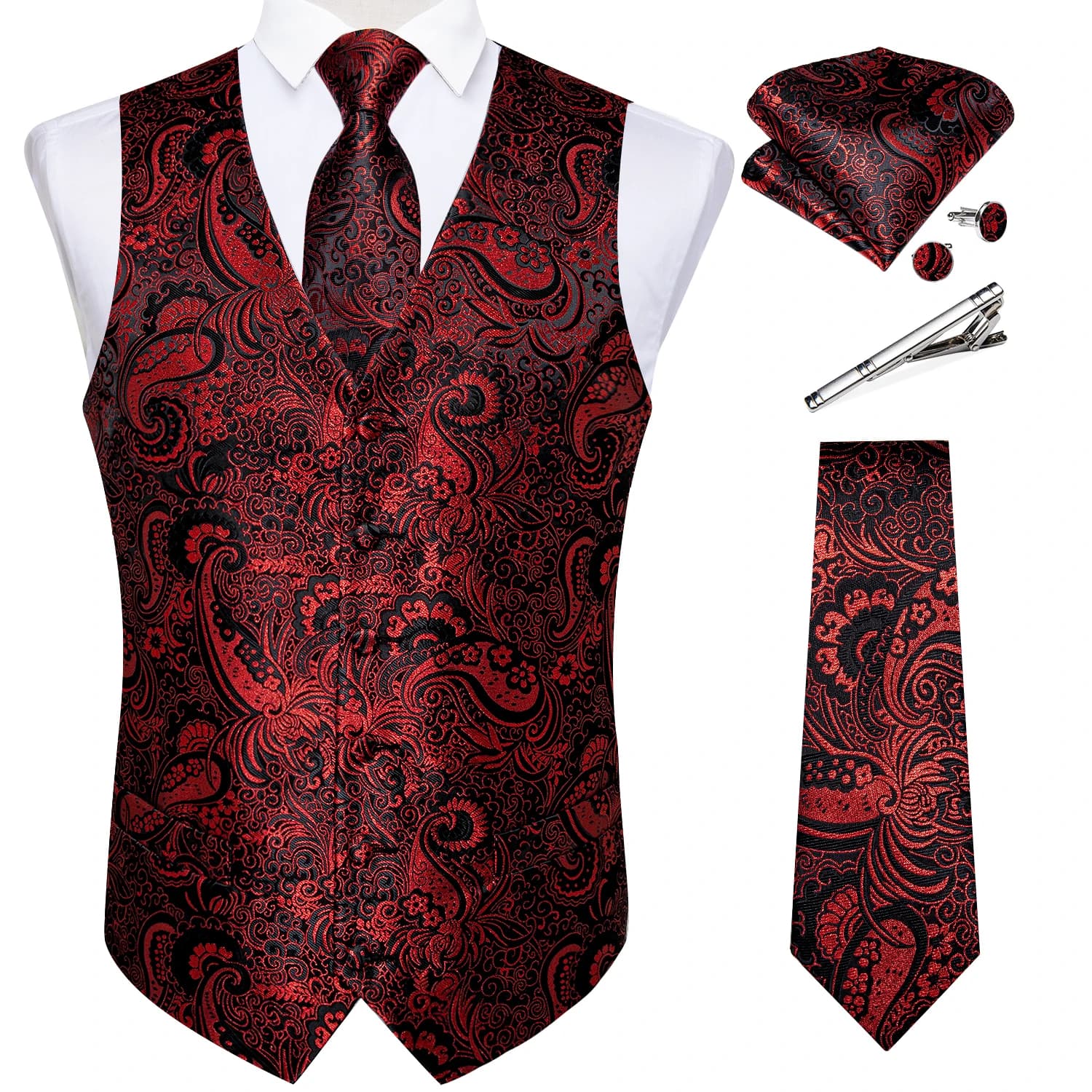 New Men's Vests Formal Dress Suit Vest Tie Set for Wedding Male Satin Burgundy Red Waistcoat Sleeveless Jacket Casual Top