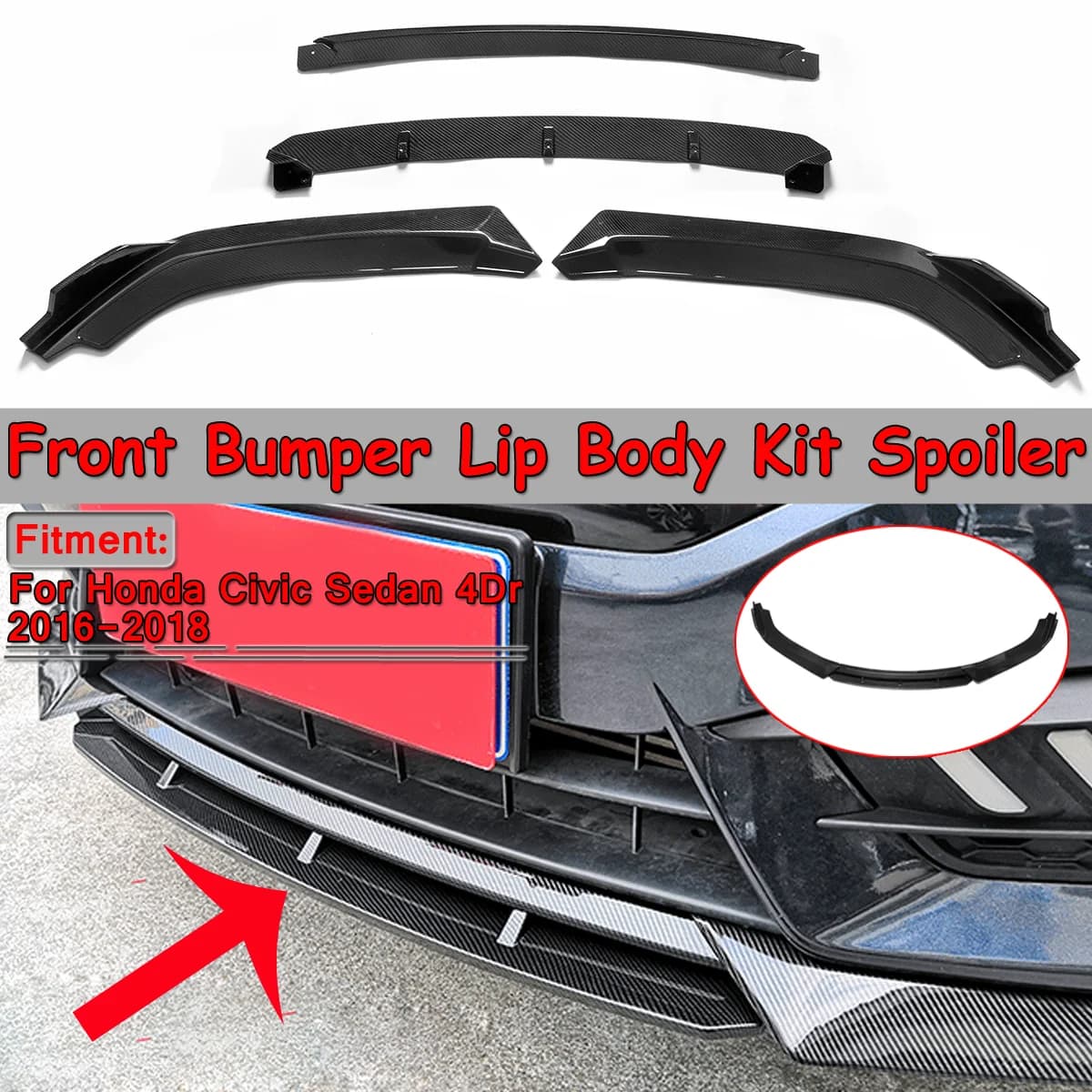 New 4pcs Car Front Bumper Lip Splitter Diffuser Lip Body Kit Spoiler Bumpers Protector For Honda For Civic Sedan 4Dr 2016-2018