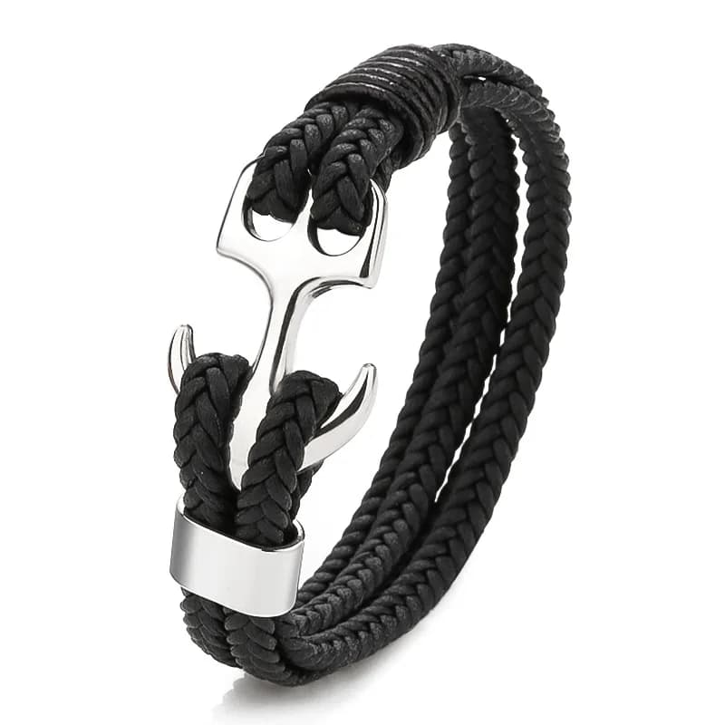 Bracciale in acciaio al titanio da uomo europeo e americano bracciale in acciaio inossidabile intrecciato in pelle nera corda in pelle