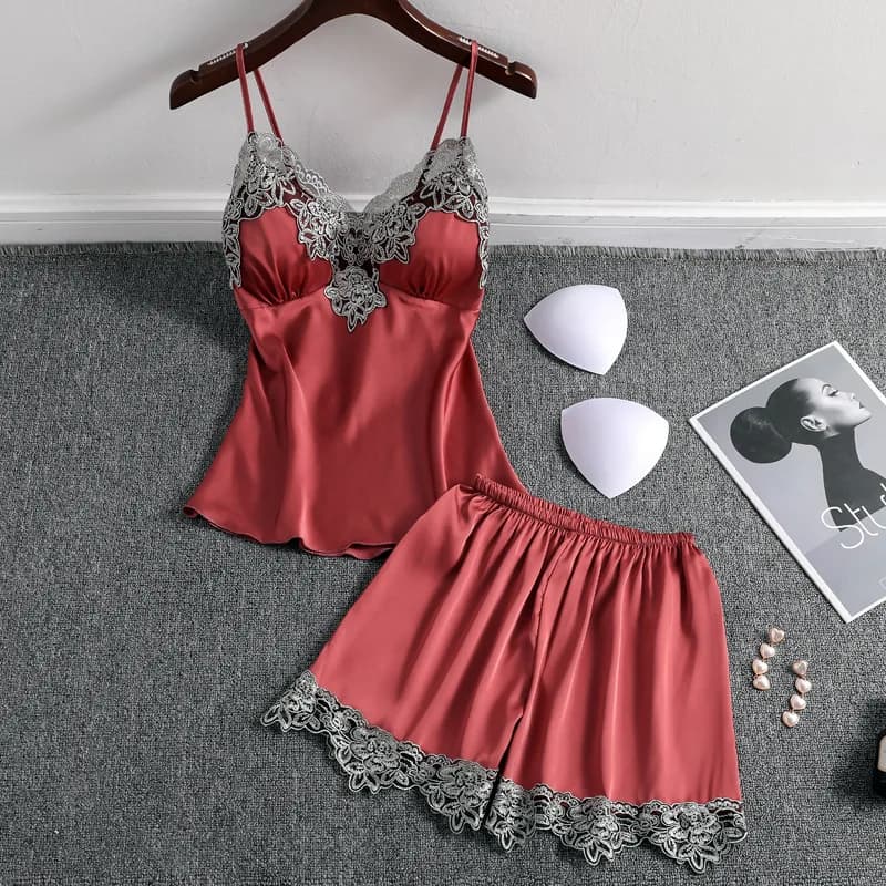 Estate Nuovo Raso 2PCS Pigiama Vestito Della Cinghia Top e Pantaloncini Della Signora Indumenti Da Letto Sexy Degli Indumenti Da Notte di Pizzo Intimo Lingerie Camicia Da Notte Homewear