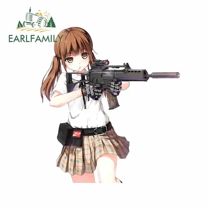EARLFAMILY 13cm x 11.4cm For Anime Girl with Gun Fine Decal DIY Car Stickers Surfboard Waterproof Suitable for VAN RV JDM