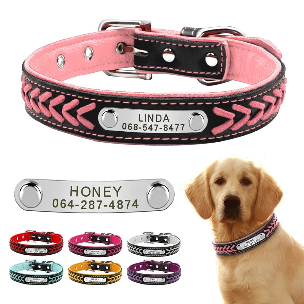 Collare per cani in pelle personalizzato Collari per cani placcati con nome intrecciato per cani di taglia piccola, media e grande con incisione personalizzata sul collare Etichette identificative per animali domestici