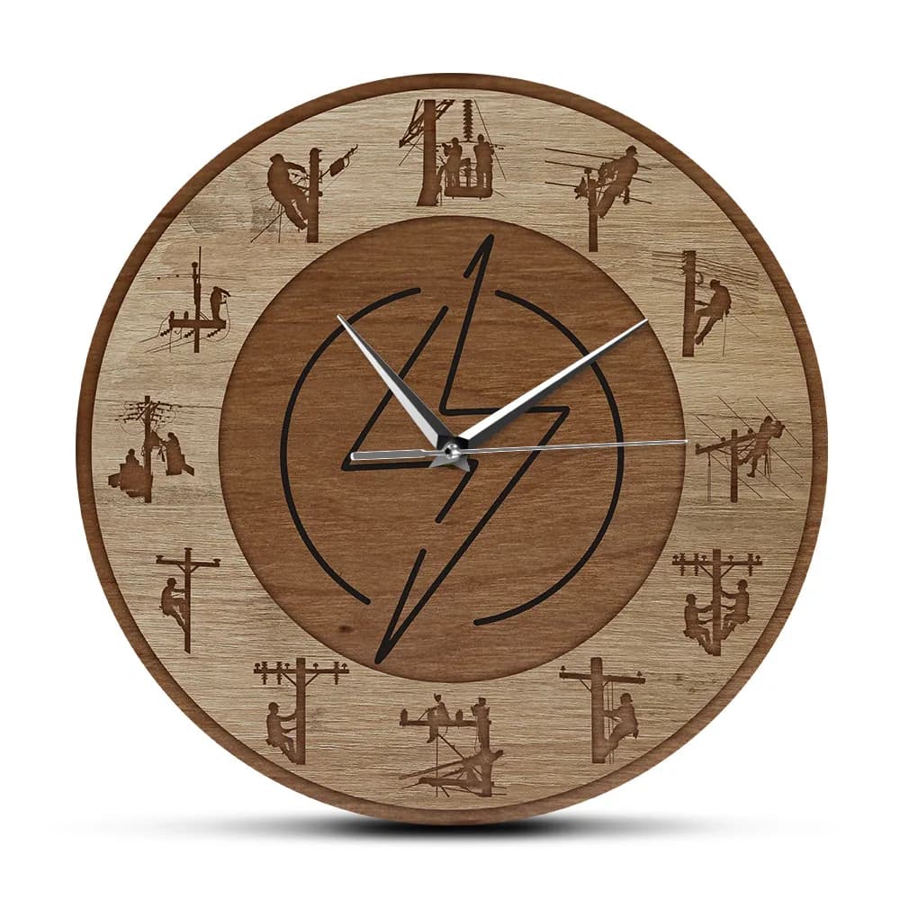 Lineman Design Wooden Structure Acrylic Printed Wall Clock Power Pole Wall Art Suspended Wall Clock Silent Scanning Line Gift for Life Workers