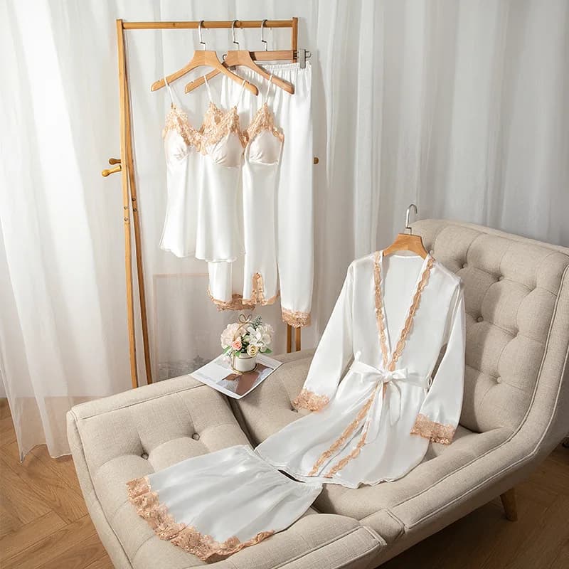5PCS Sleepwear Sexy pigiama di raso donna Soft Nightwear pigiama pizzo intimo Lingerie Patchwork Robe Kimono accappatoio Set