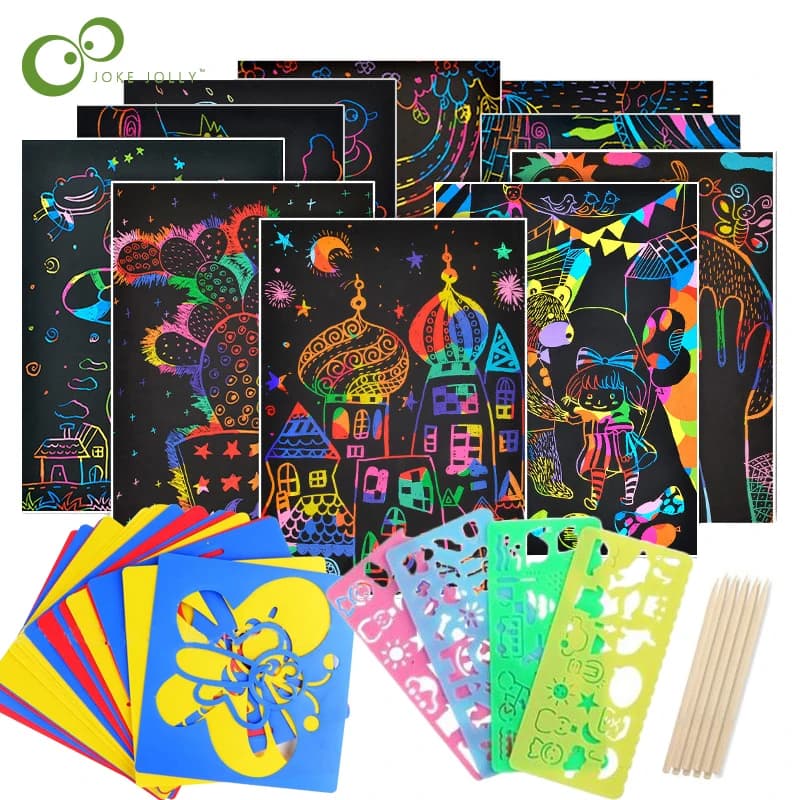 Set di carte di carta da grattare color arcobaleno magico con stencil per graffiti per bastoncino da disegno giocattolo di pittura artistica fai da te per bambini GYH