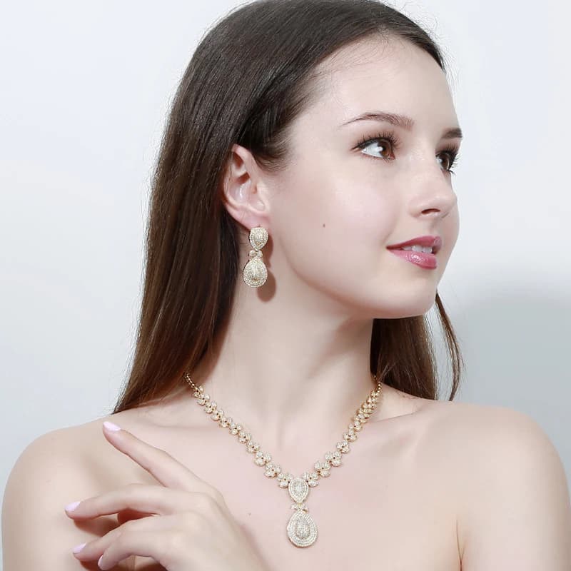 BeaQueen Luxurious Nigerian Dubai Bridal Cubic Zircon Paved Big Drop Earrings Necklace Bracelet and Ring 4pcs Jewelry Set JS249