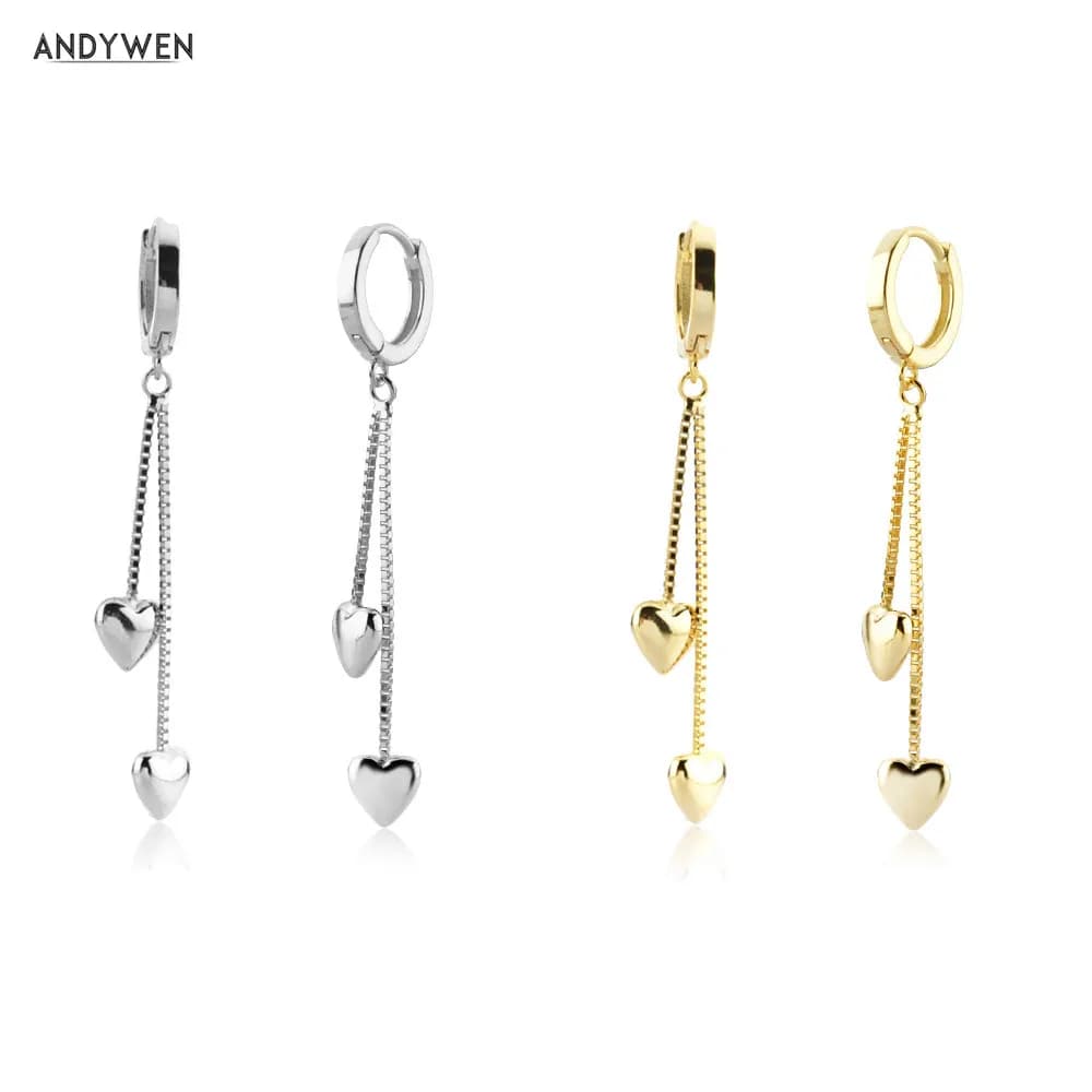 ANDYWEN orecchini a goccia a cuore a due catene in argento Sterling 925 moda donna clip di gioielleria raffinata femminile classico matrimonio Rock Punk Party