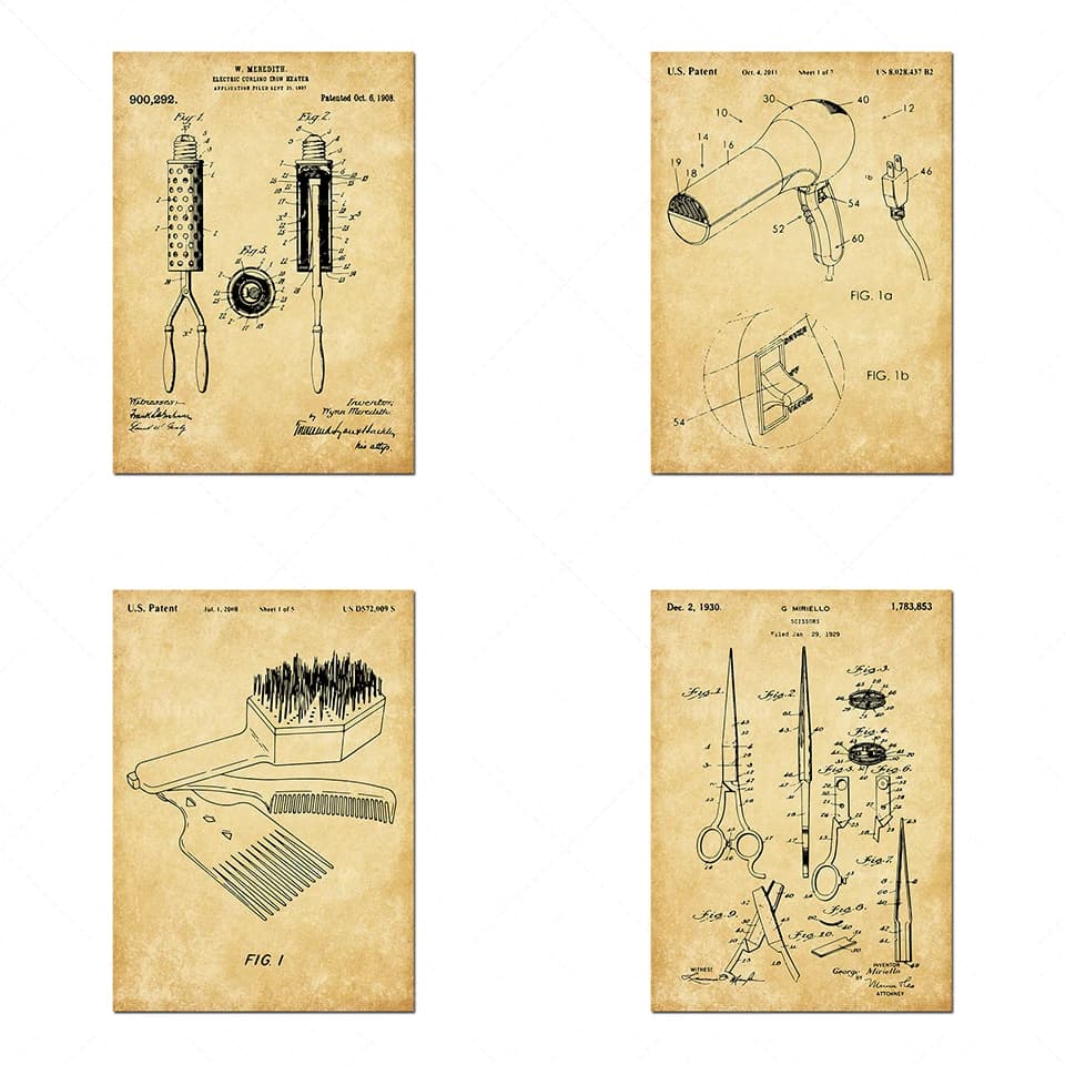 Patented print from barber, iron curling hair, hairdryer, brush for women's hair, patented poster with scissors, beauty gift