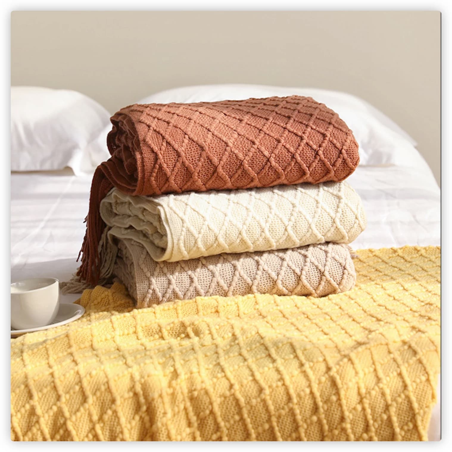 Tessile City Coperta per divano in finto cashmere Copriletto in maglia scozzese stile nordico con nappe Coperta dorata per la primavera estate