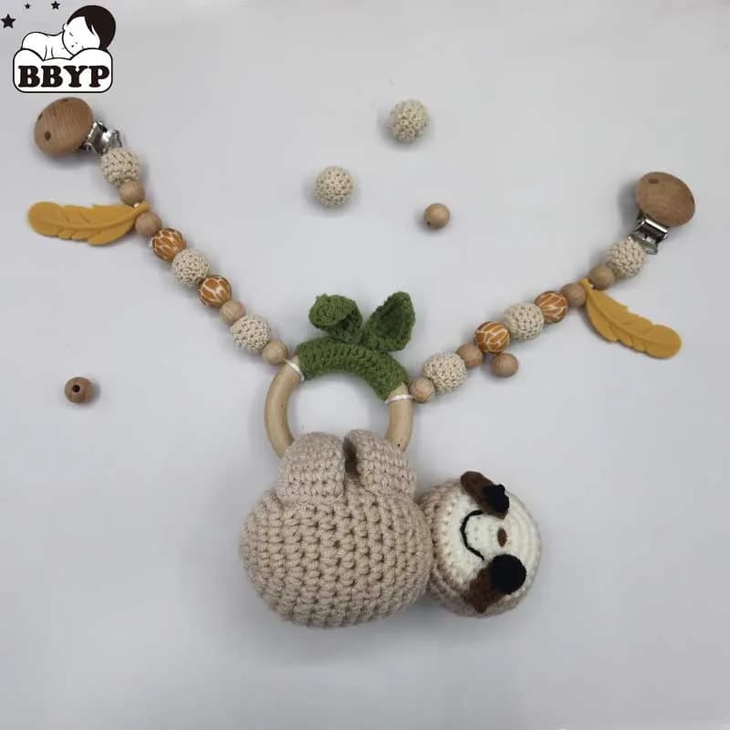 Giocattoli con sonaglio per bradipo all'uncinetto Clip per carrozzina in legno per bambini Passeggino da palestra per bambini Ciondolo appeso Culla per neonato Giocattoli con sonaglio mobile