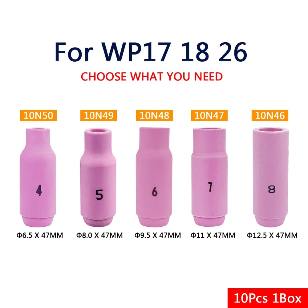 10 Pz 47mm 10N46 10N47 10N48 10N49 10N50 Ugelli di allumina Ugello a tazza in ceramica per TIG WP17 WP18 WP26 Torcia di saldatura Accessori