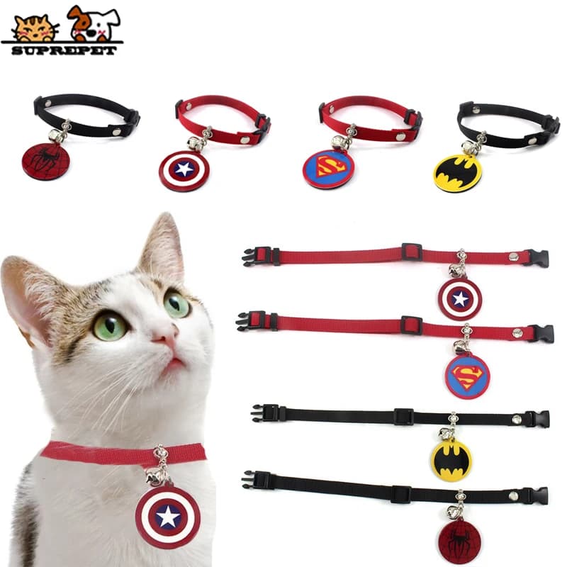 Collare per cuccioli di gatto SUPREPET Collare con cinturino regolabile in nylon bianco e nero con campana e 4 tipi di etichette per supereroi